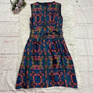 Hugo Hugo Boss Silk Multi Colored Stained Glass Geometric Tie Waist Dress